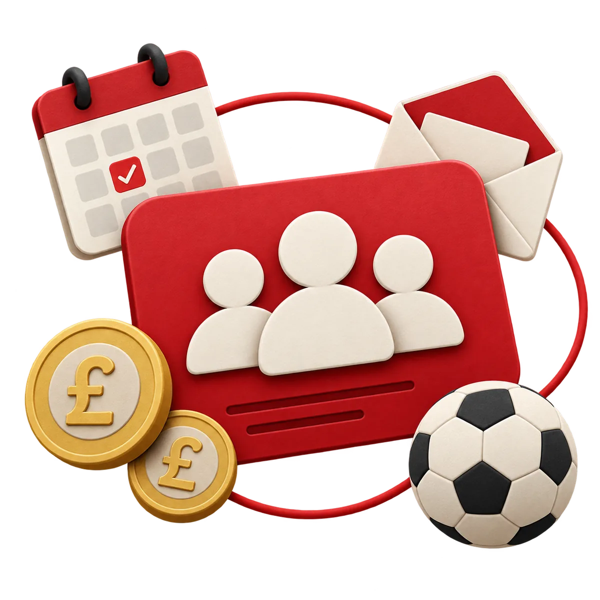 Illustrated club membership card surrounded by a calendar, envelope, pound coins and football.