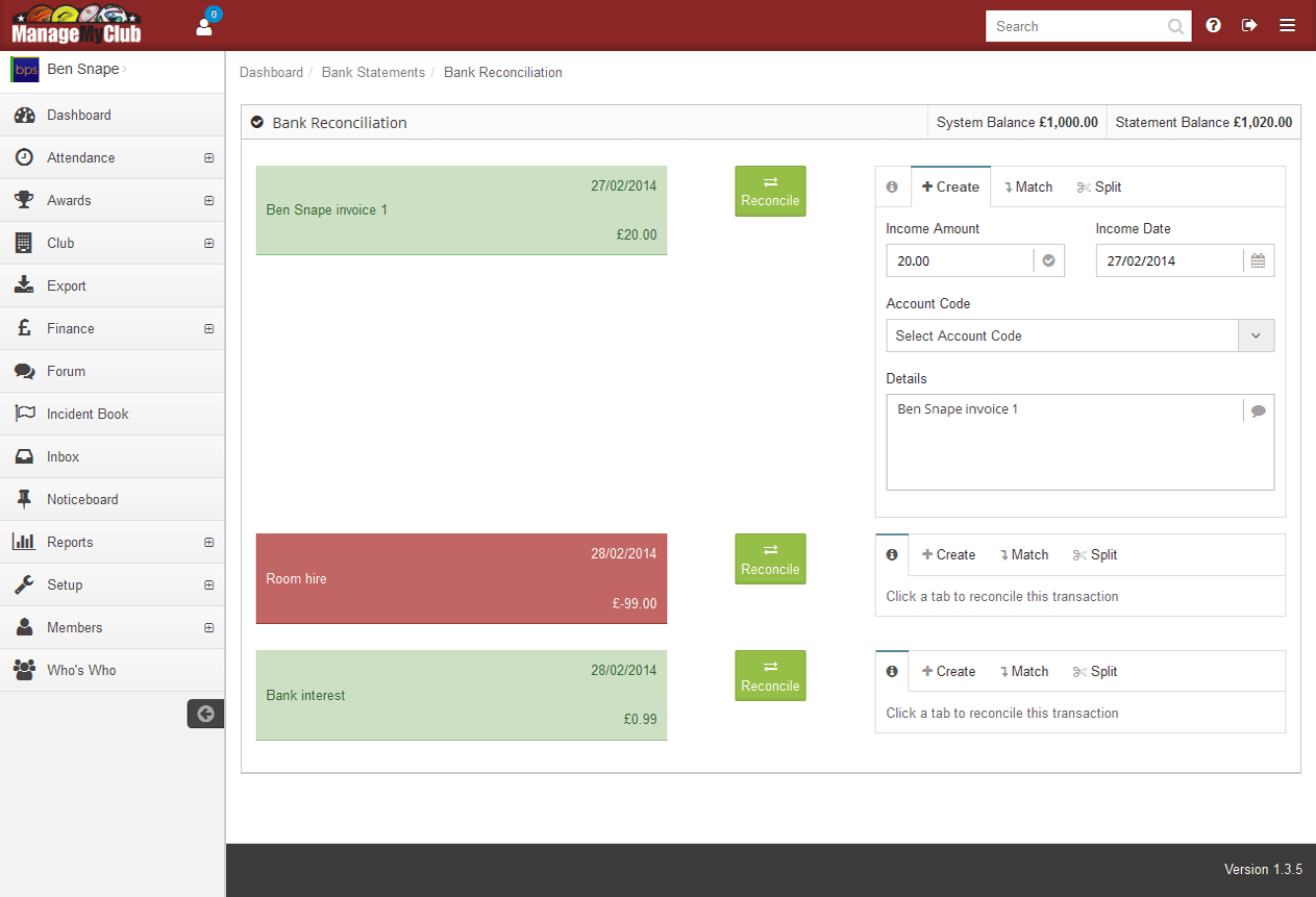 Manage My Club bank reconciliation screen showing income and expense transactions alongside matching controls.